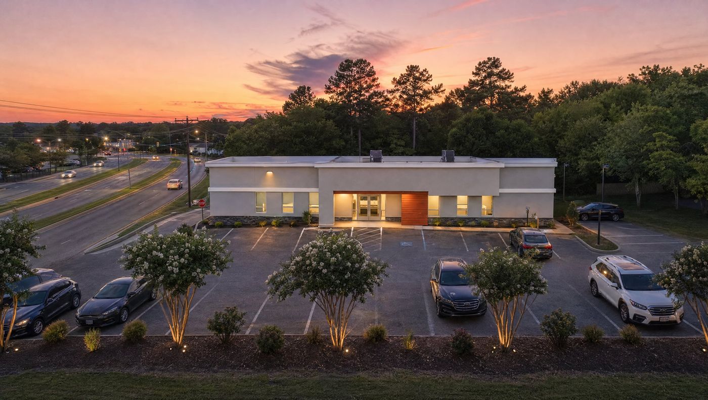 Aerial rendering of the office on Patterson Avenue at sunset