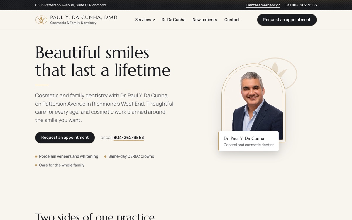 Concept homepage: Beautiful smiles that last a lifetime, beside a portrait of Dr. Da Cunha in a gold arch