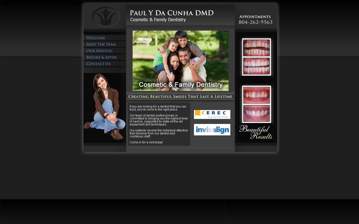 Current homepage: dark 2008 layout with stock photos and image-based menu