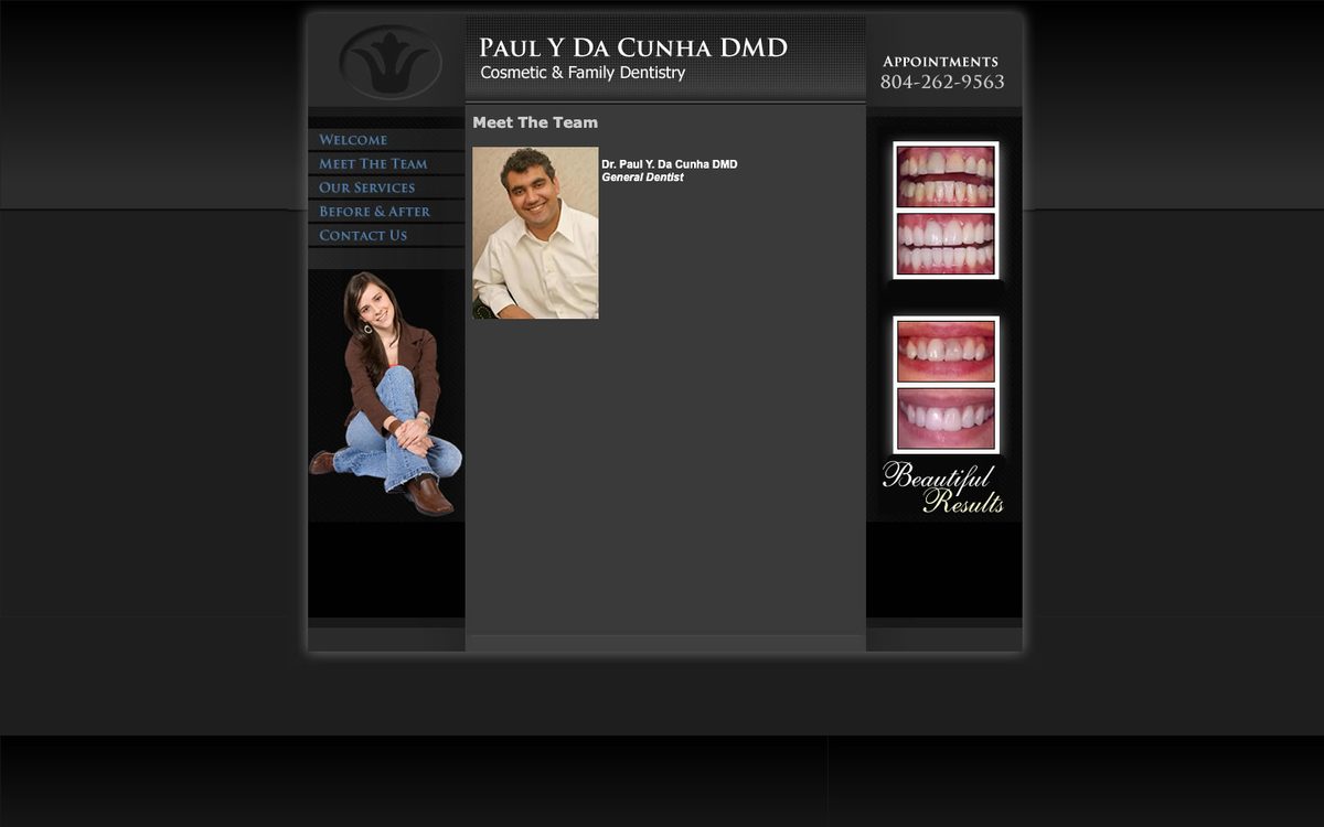 Current Meet the Team page with a small photo of Dr. Da Cunha